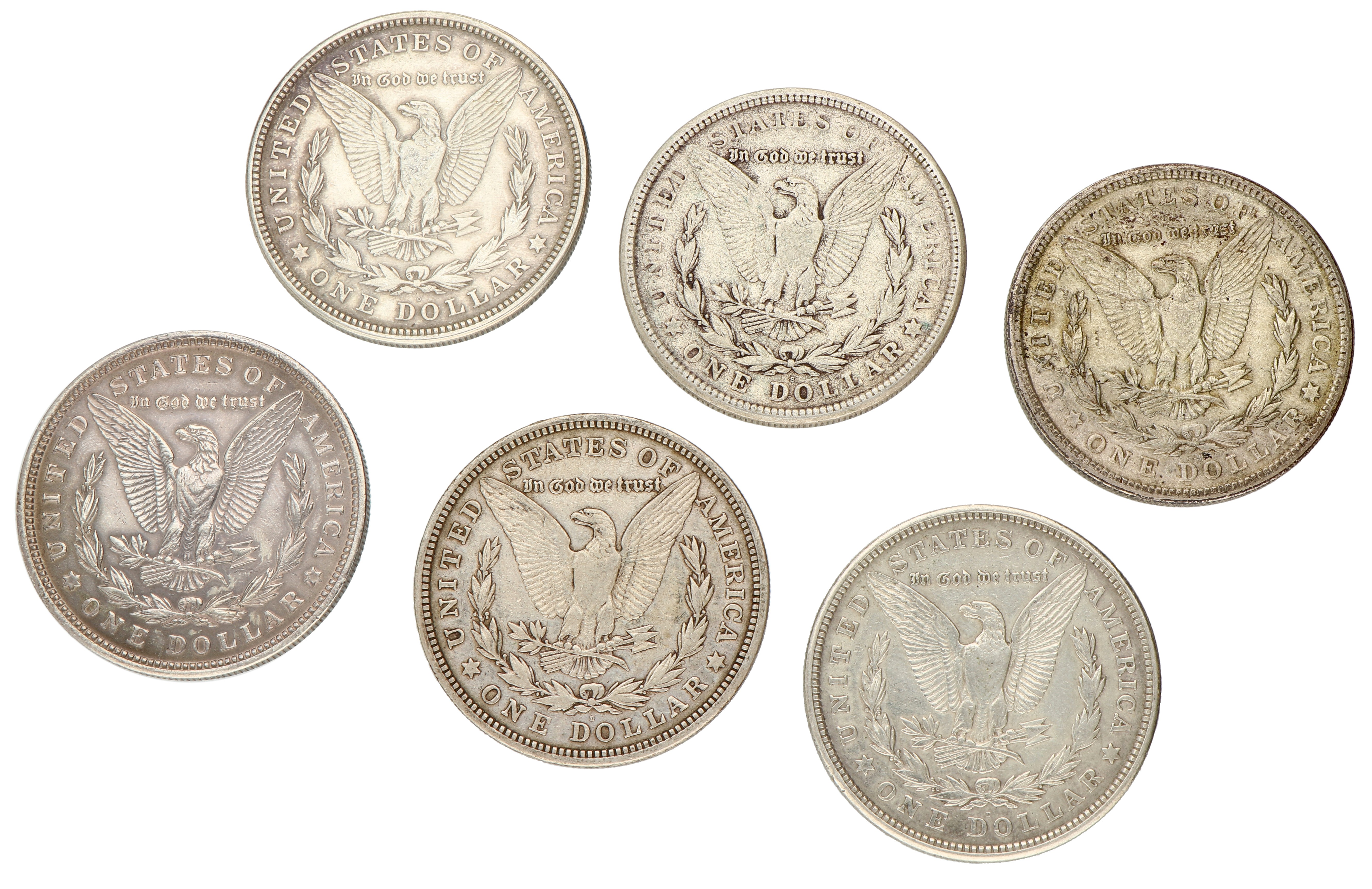 No reserve - USA. San Francisco, Denver, Philadelphia. Lot (6) Morgan Dollar. 1921.