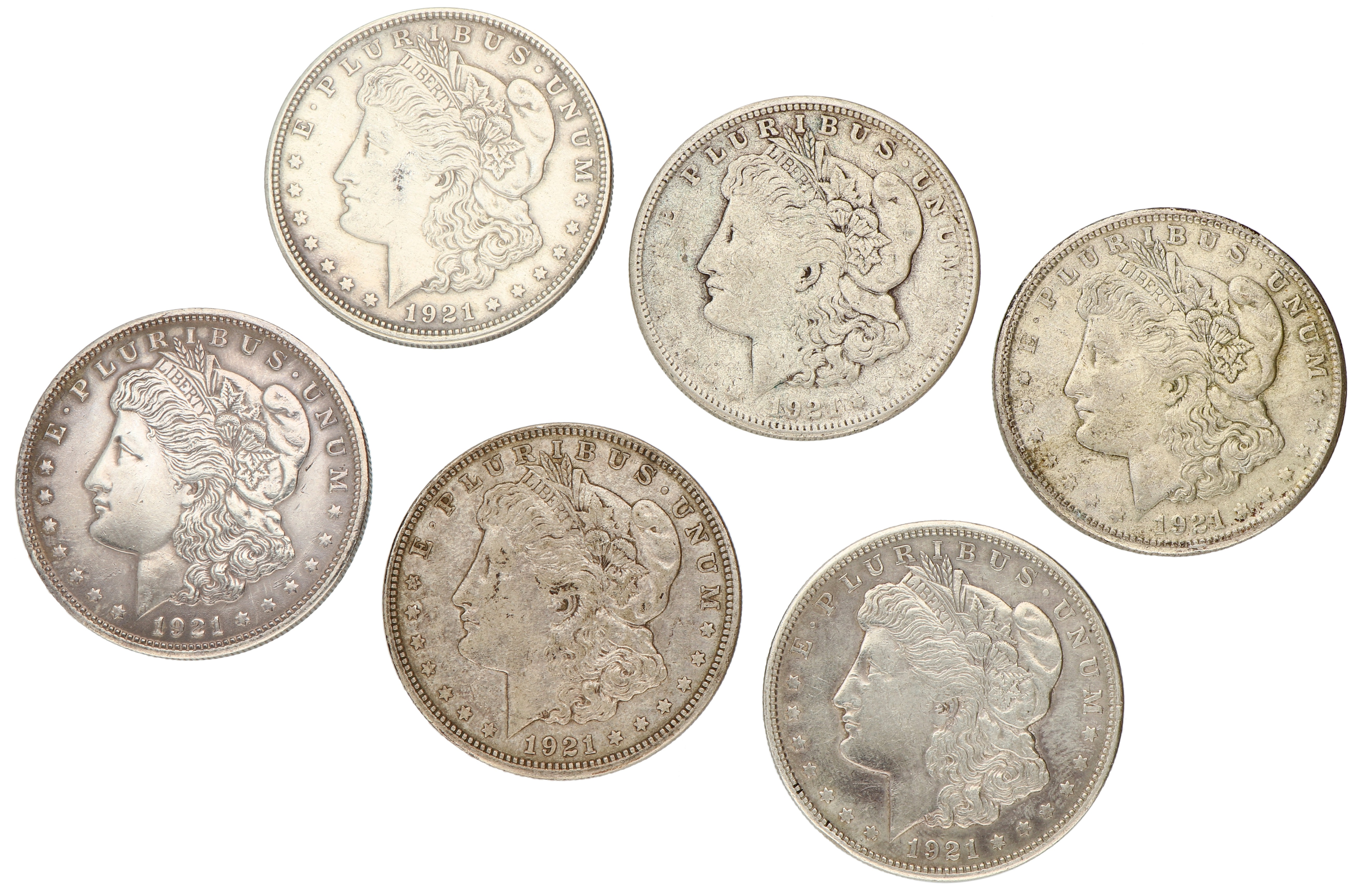 No reserve - USA. San Francisco, Denver, Philadelphia. Lot (6) Morgan Dollar. 1921.