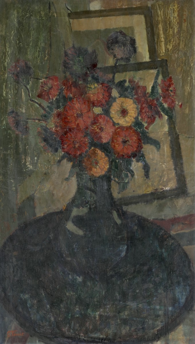 E. Féront, 19e/20e eeuw. Een stilleven van bloemen op een tafel.