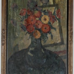 E. Féront, 19e/20e eeuw. Een stilleven van bloemen op een tafel.