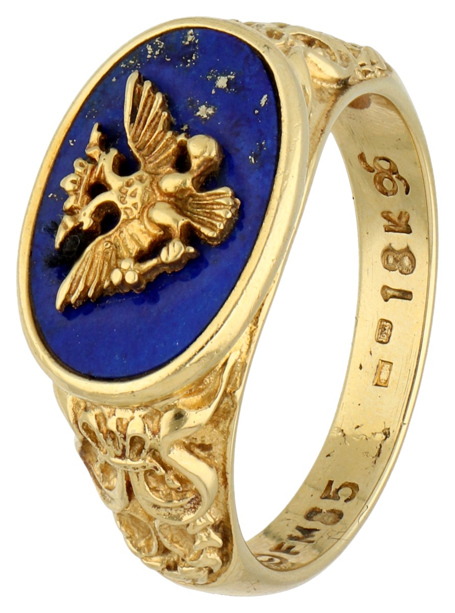 No reserve - Franklin Mint 18K geelgouden vintage ridderring met Russisch wapen op lapis lazuli.