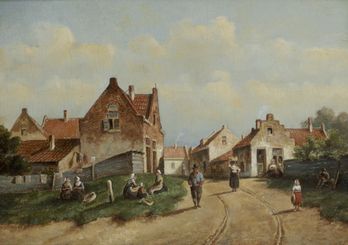 Hollandse School, 19e/20eeeuw, Figuren in een dorp.