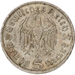 No reserve - Germany. Third Reich. 5 Reichsmark Paul von Hindenburg (No Swastika). 1936 A.