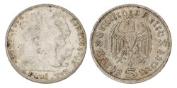 No reserve - Germany. Third Reich. 5 Reichsmark Paul von Hindenburg (No Swastika). 1936 A.