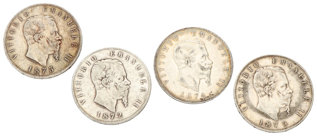 No reserve - Italy. Vittorio Emanuele II. Lot (4) 5 Lire. 1872 - 1873 - 1874 - 1875.