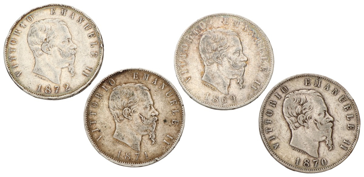 No reserve - Italy. Vittorio Emanule II. Lot (4) 5 Lire. 1869 - 1872.