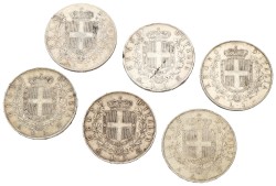 No reserve - Italy. Vittorio Emanuele II. Lot (6) 5 Lire. 1872 - 1877.