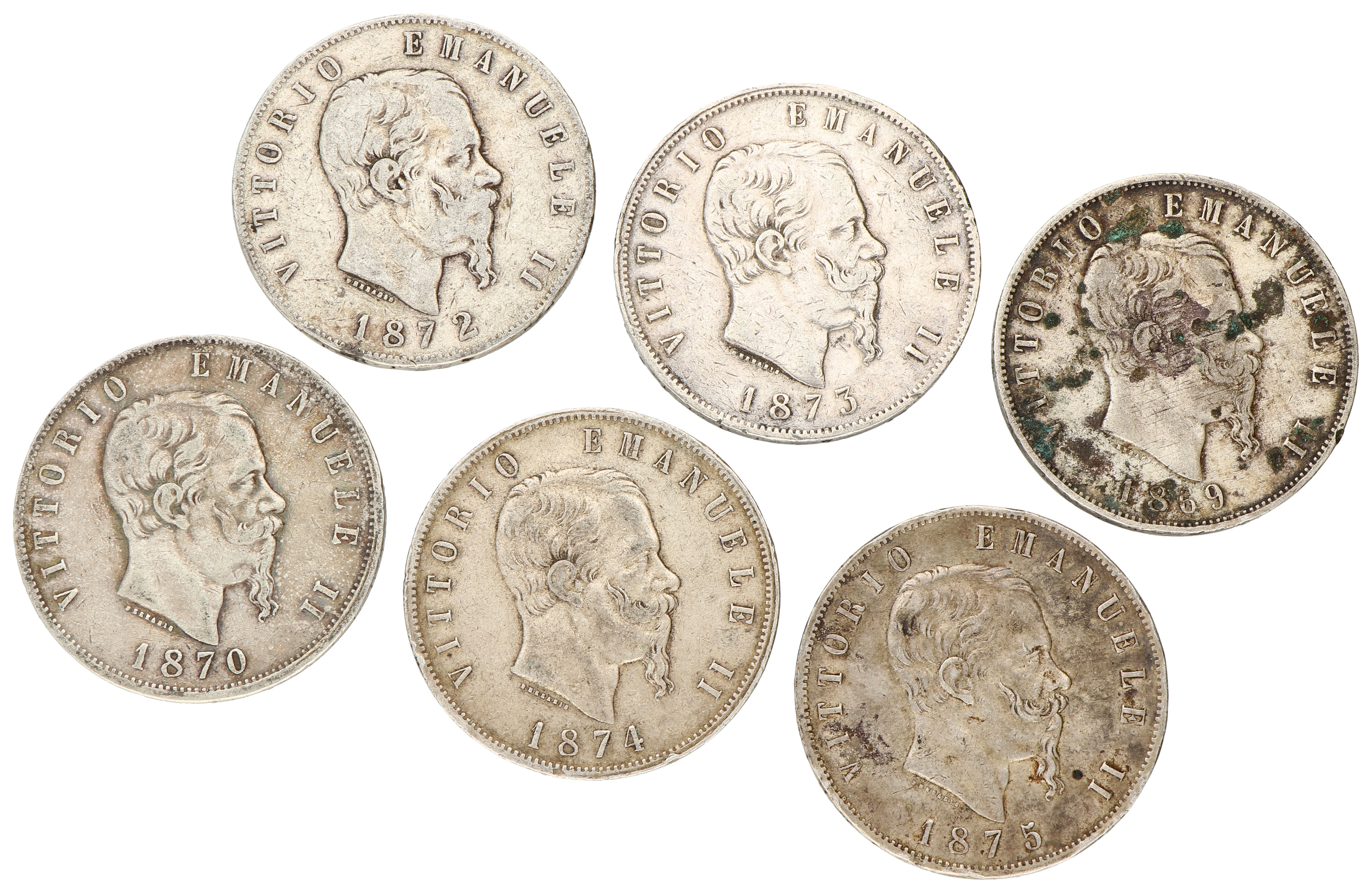 No reserve - Italy. Vittorio Emanuele II. Lot (6) 5 Lire. 1869 - 1875.