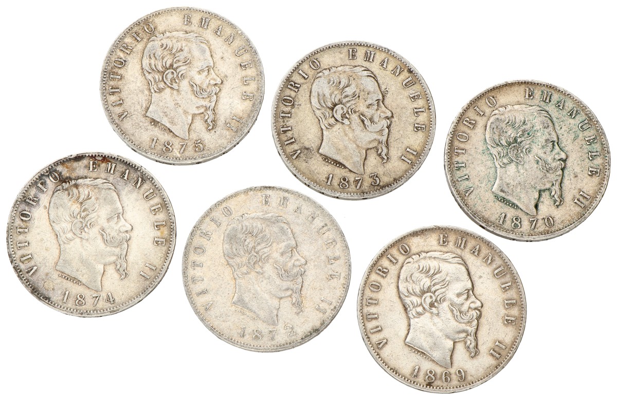 No reserve - Italy. Vittorio Emanuele II. Lot (6) 5 Lire. 1869 - 1875.