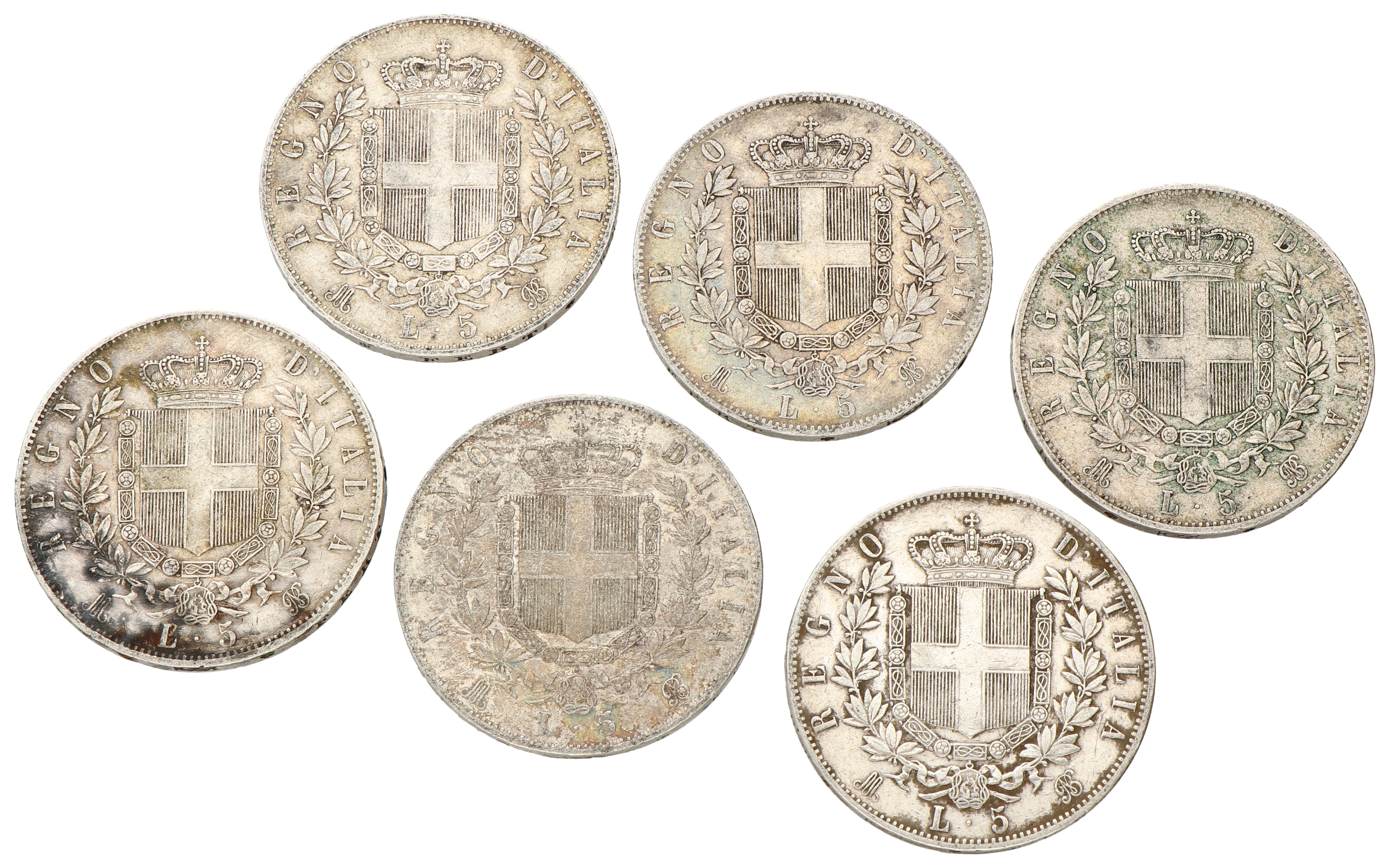 No reserve - Italy. Vittorio Emanuele II. Lot (6) 5 Lire. 1869 - 1875.