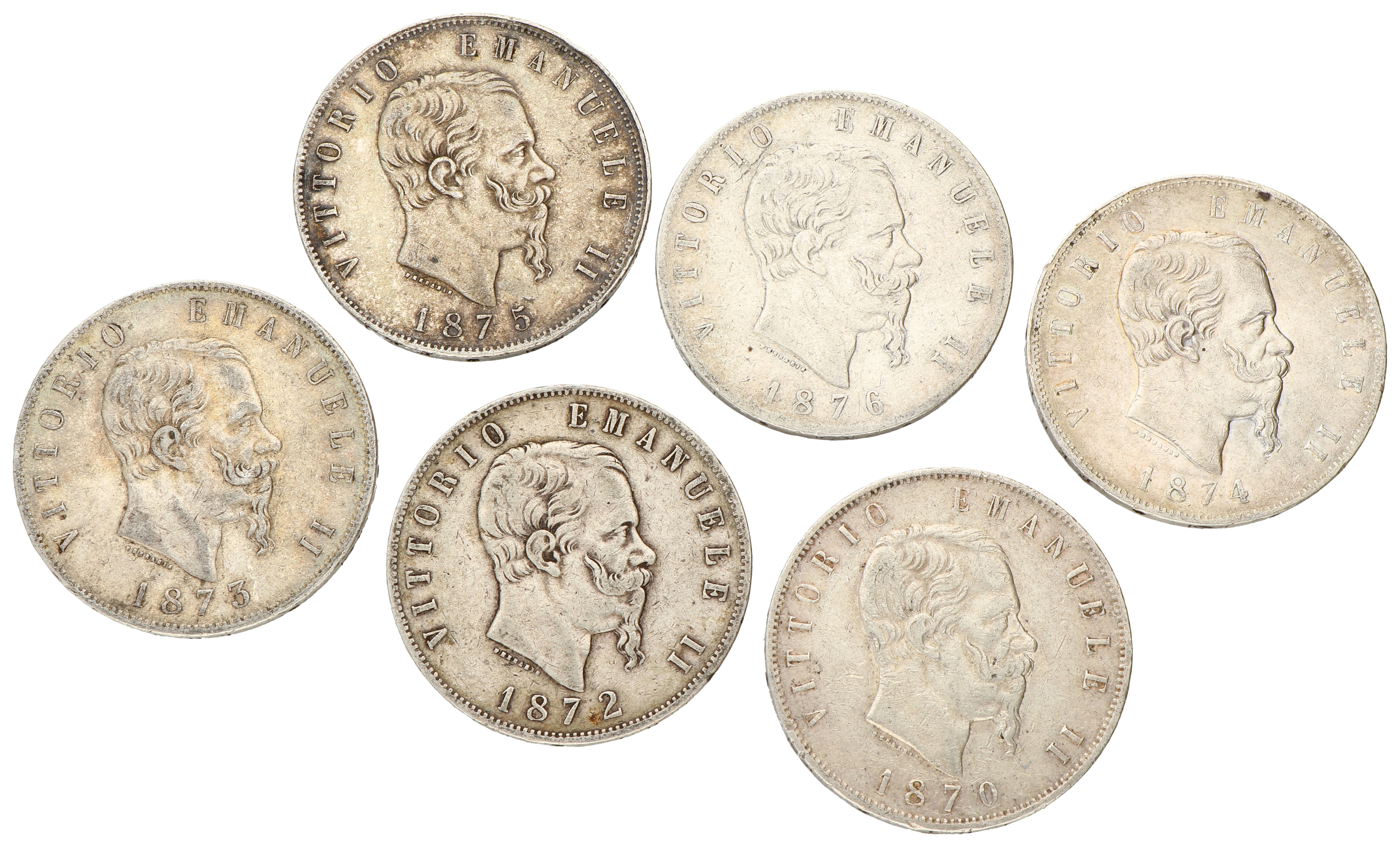 No reserve - Italy. Vittorio Emanuele II. Lot (6) 5 Lire. 1870 - 1876.