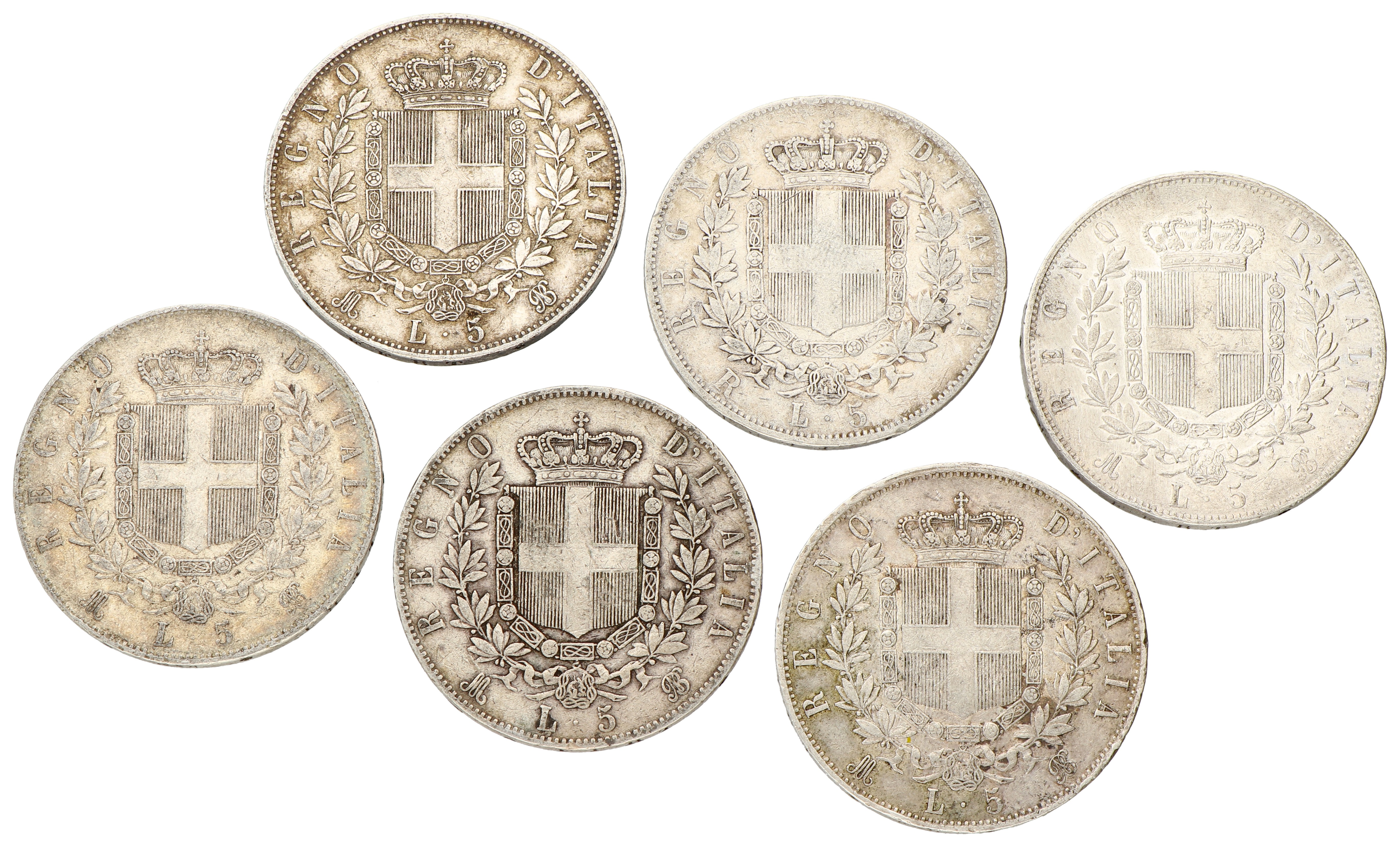 No reserve - Italy. Vittorio Emanuele II. Lot (6) 5 Lire. 1870 - 1876.