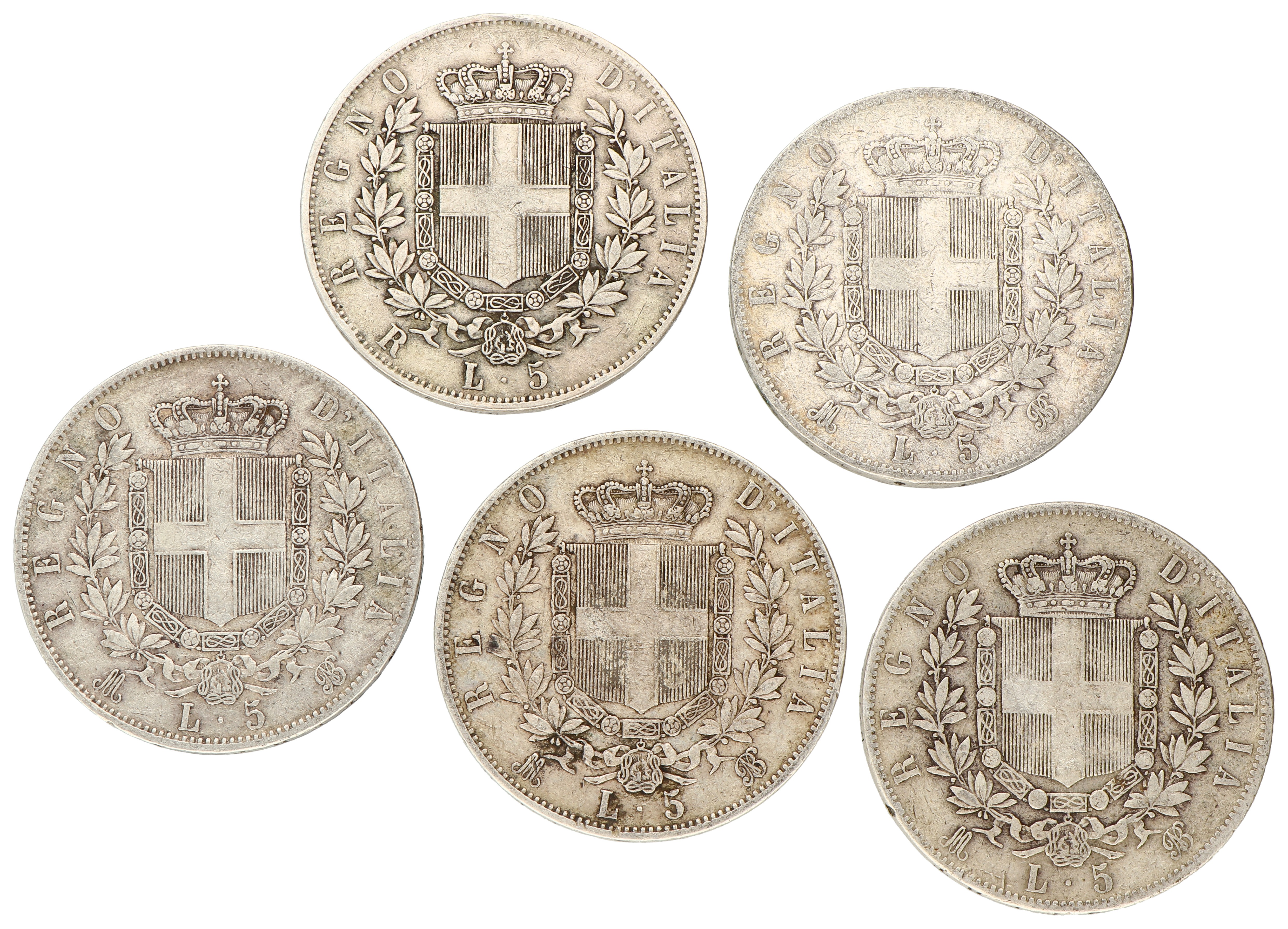 No reserve - Italy. Vittorio emanuele II. Lot (5) 5 Lire. 1870 / 1876.