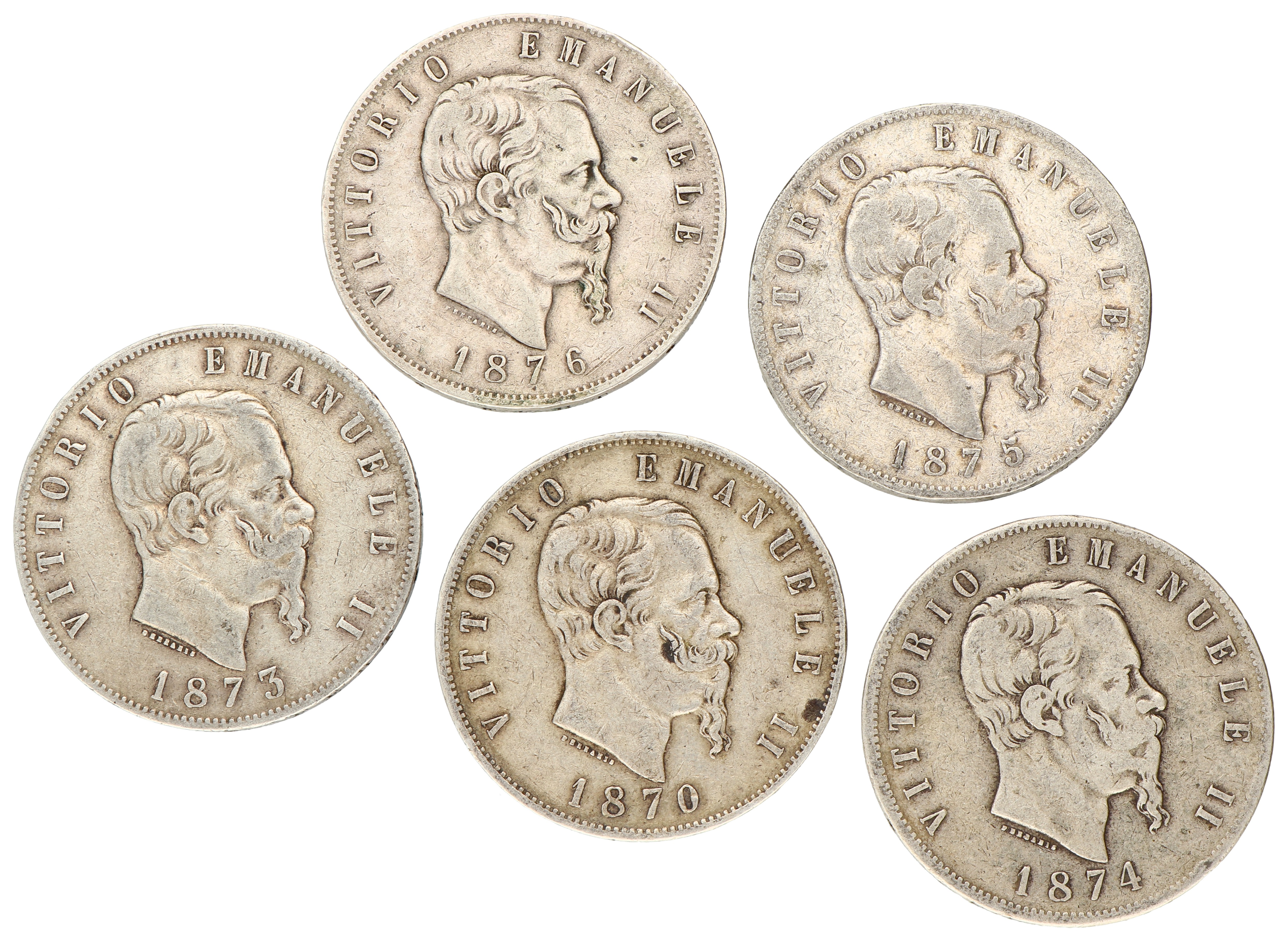 No reserve - Italy. Vittorio emanuele II. Lot (5) 5 Lire. 1870 / 1876.