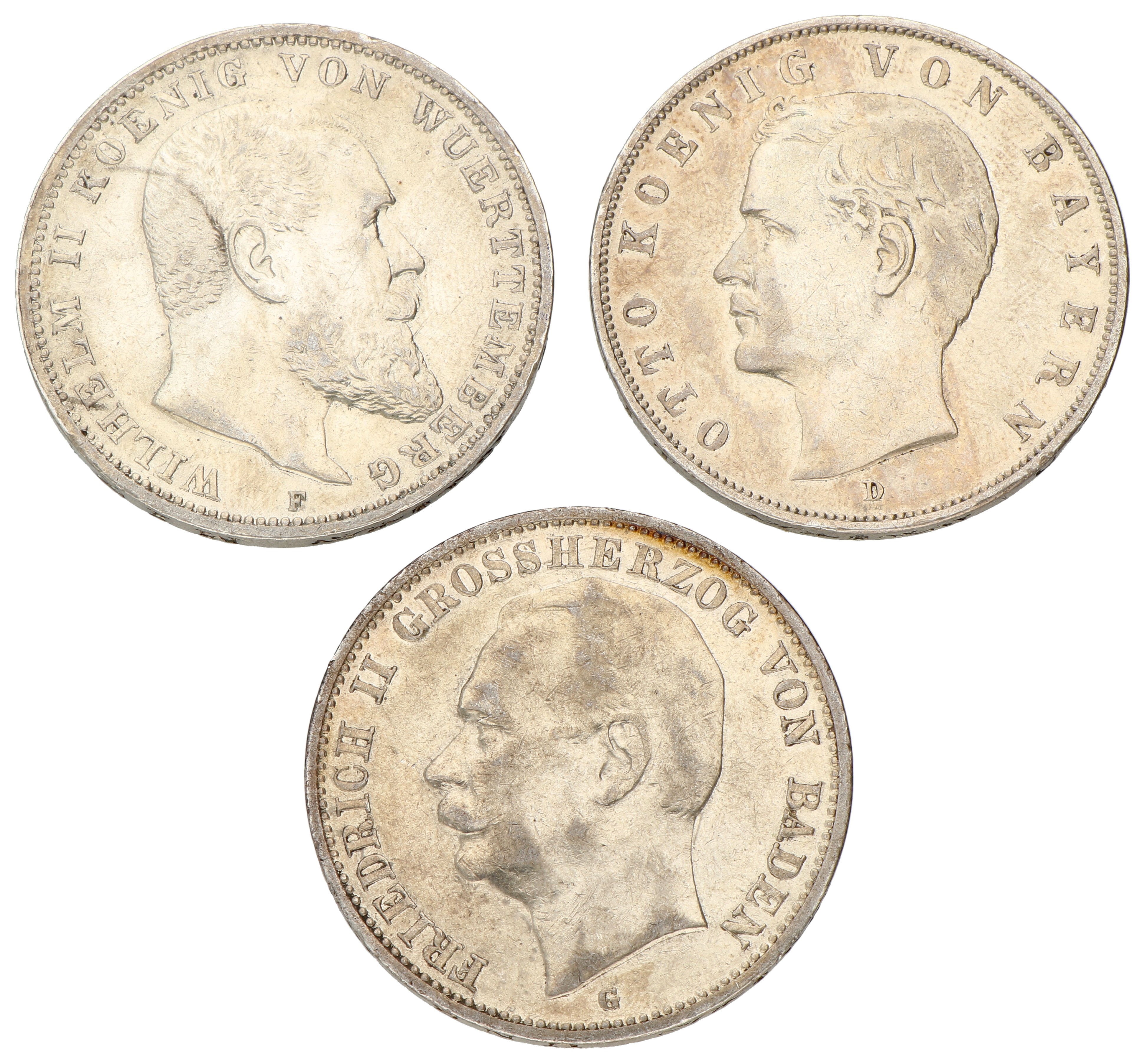 No reserve - German states. Baden, Bavaria & Württemberg. Lot (3) 3 Mark. 1911 G, 1908 D & 1914 F.