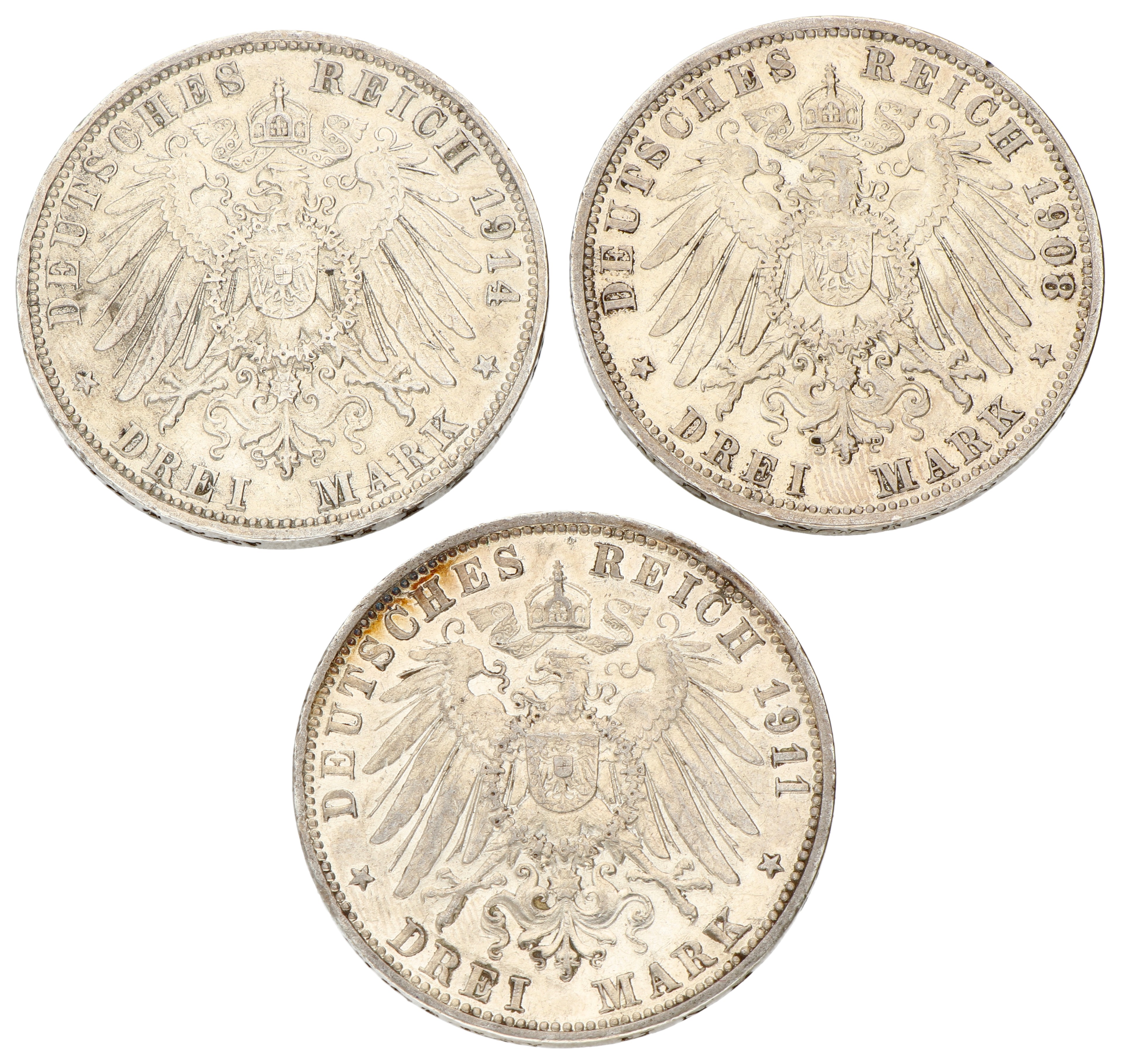 No reserve - German states. Baden, Bavaria & Württemberg. Lot (3) 3 Mark. 1911 G, 1908 D & 1914 F.