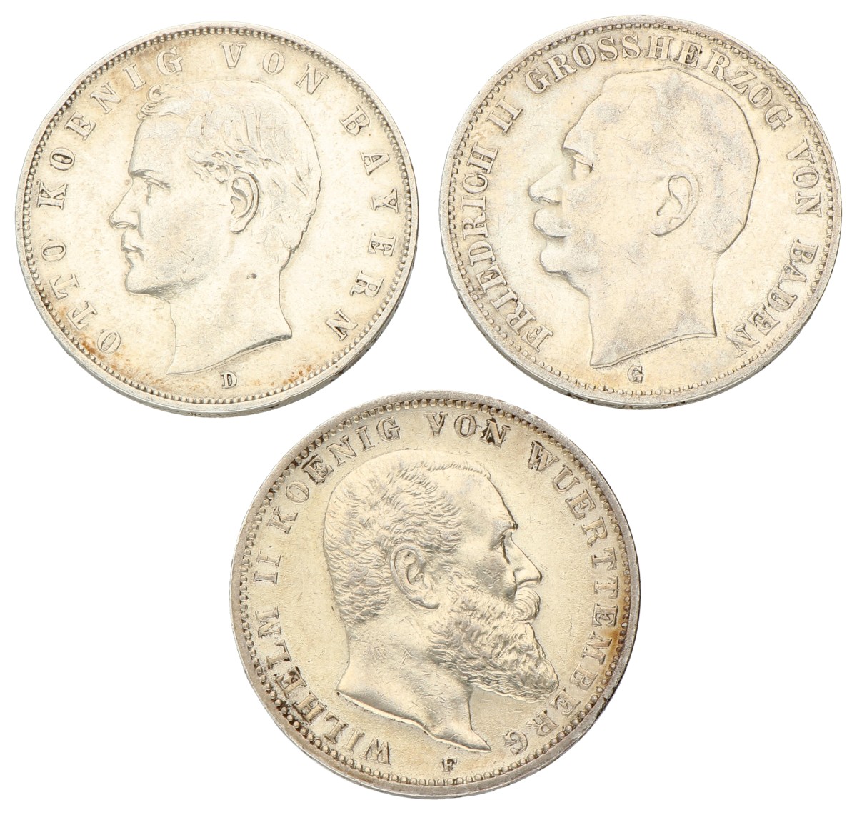 No reserve - German states. Baden, Bavaria & Württemberg. Lot (3) 3 Mark. 1912 G, 1909 D & 1912 F.