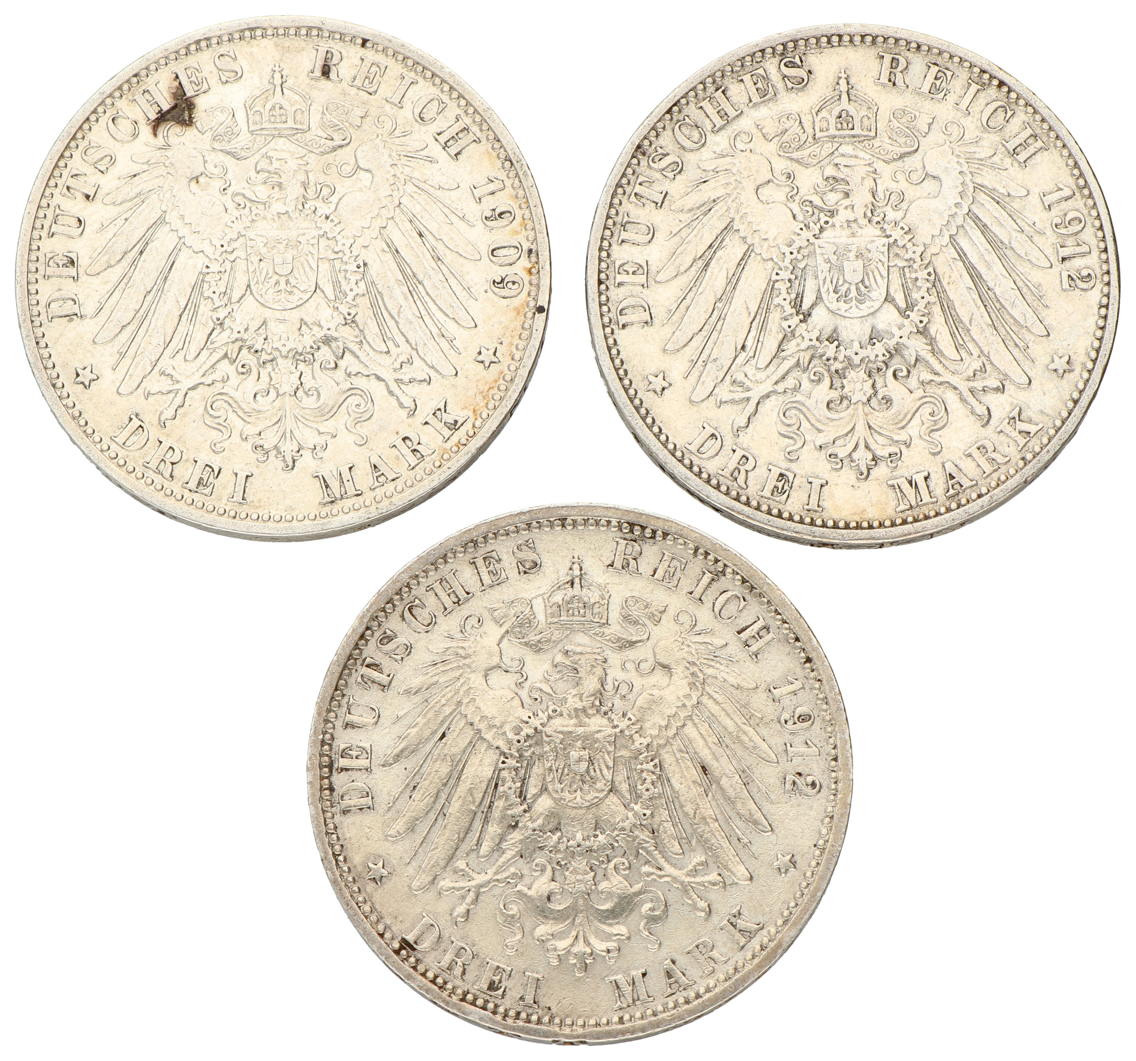 No reserve - German states. Baden, Bavaria & Württemberg. Lot (3) 3 Mark. 1912 G, 1909 D & 1912 F.