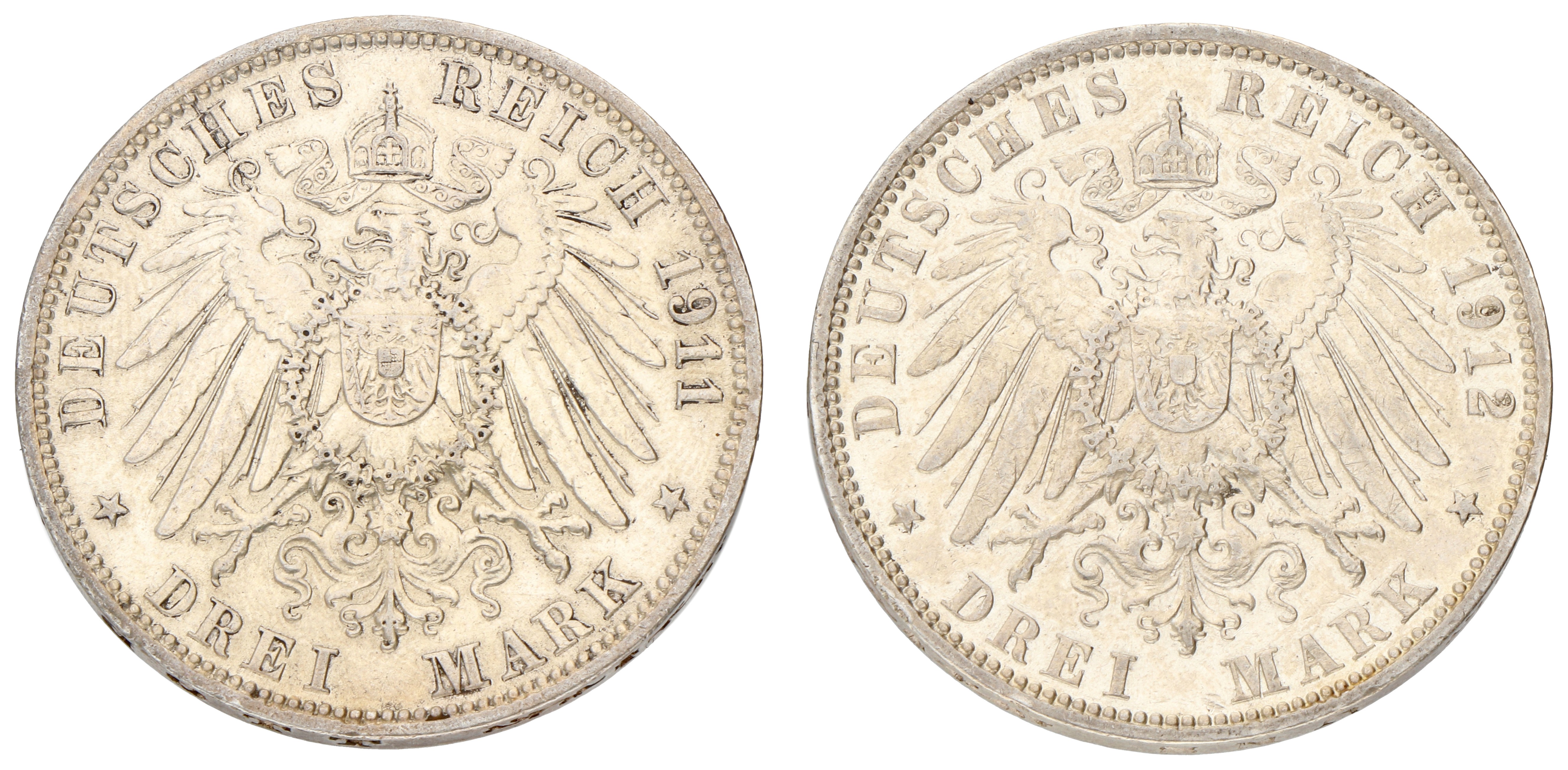 No reserve - German states. Hamburg. Lot (2) 3 Mark. 1911 J & 1912 J.