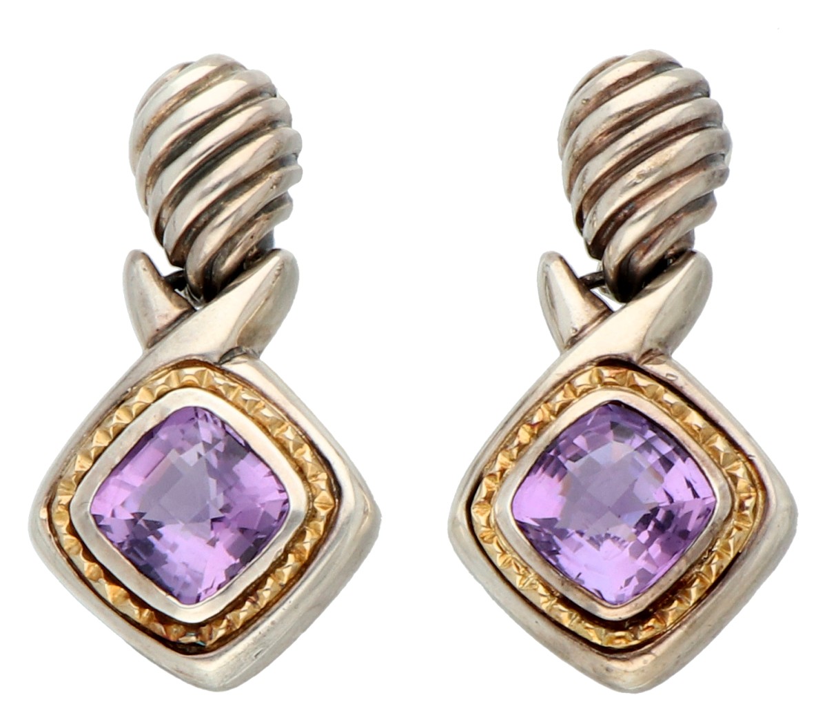 No reserve - Gouden / zilveren Italiaanse oorstekers bezet met amethyst.