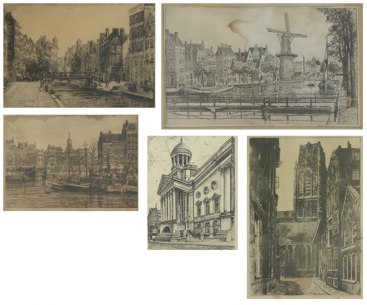 Een kavel bestaande uit (5) etsen en grafisch werk met Rotterdam tot onderwerp.