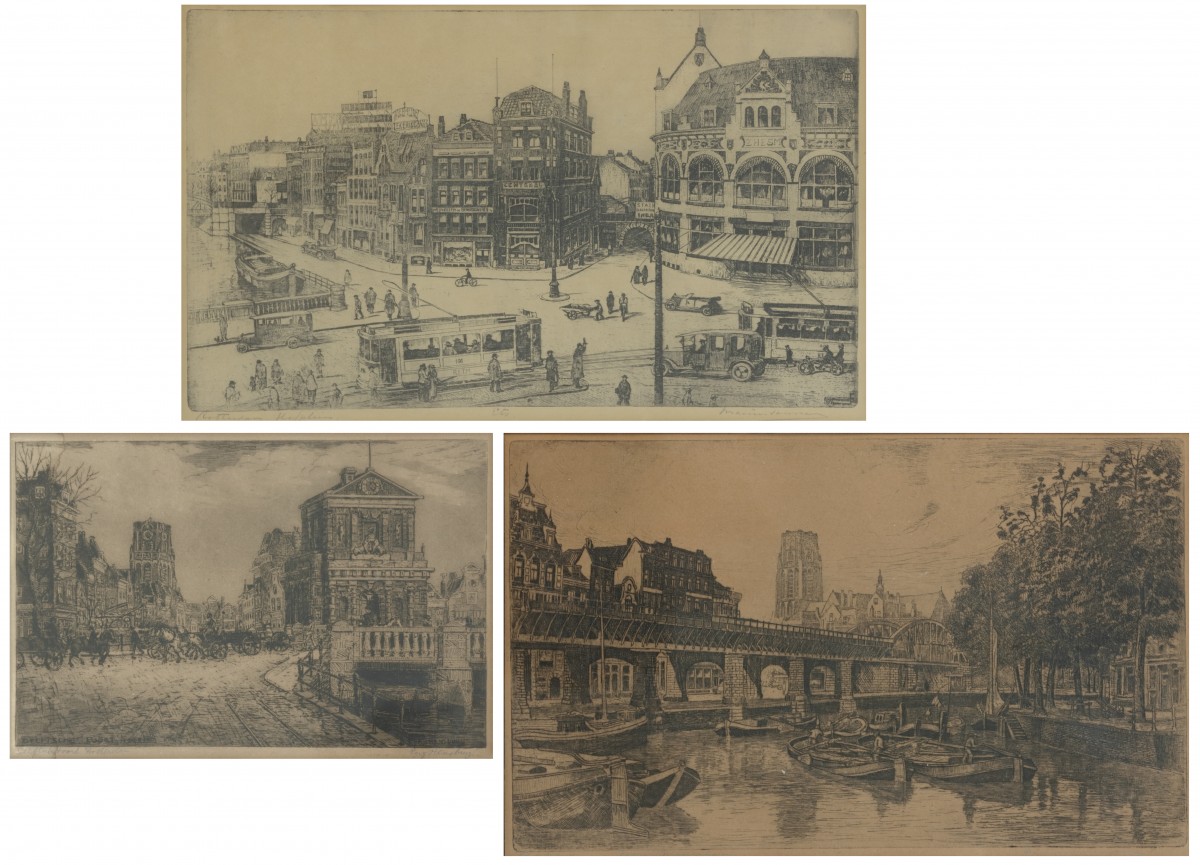 Een kavel bevattende (3) etsen, w.o. Eugéne Rensburg 'Delftse Poort, Rotterdam; Bramdenburg, 'Spporbrug, Rotterdam, en Marinus Jansen, 'Hofplein, Rotterdam'.