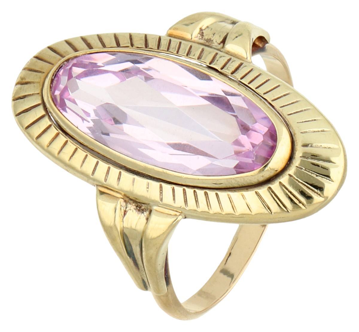 14K Geelgouden vintage ring bezet met synthetische roze saffier.