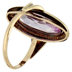 14K Geelgouden vintage ring bezet met synthetische roze saffier.