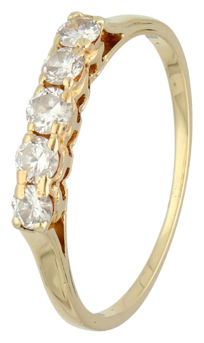 14K Geelgouden demi-alliance ring bezet met diamant.