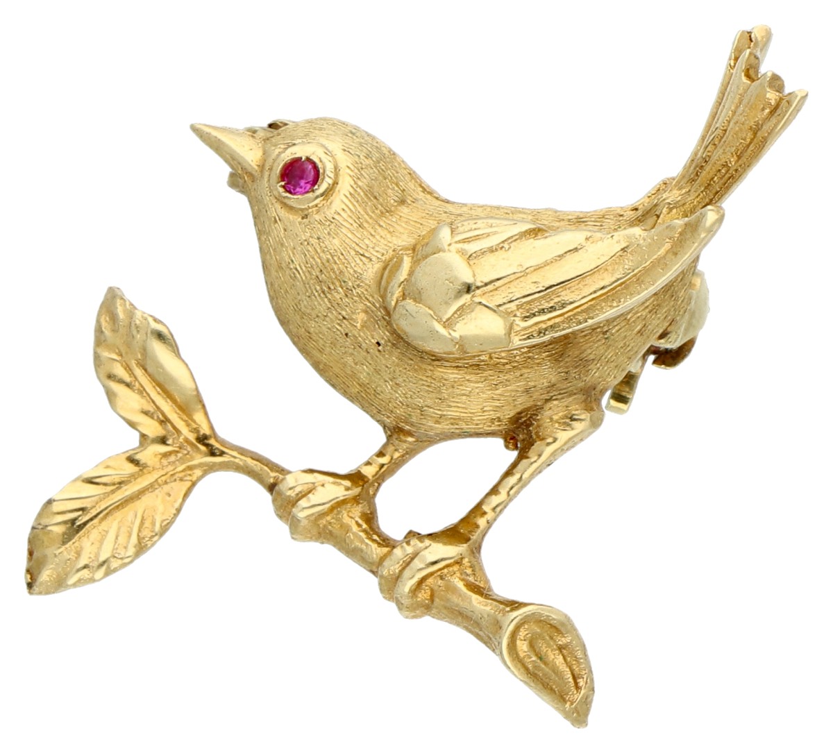 14K Geelgouden broche van een vogel op een tak. 