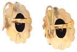 No Reserve - BWG 12K Geelgouden oorstekers met onyx plaquette en faux parel.