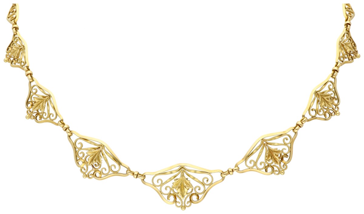 18K Geelgouden filigrain collier met bladmotief.