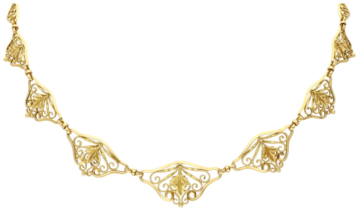 18K Geelgouden filigrain collier met bladmotief.