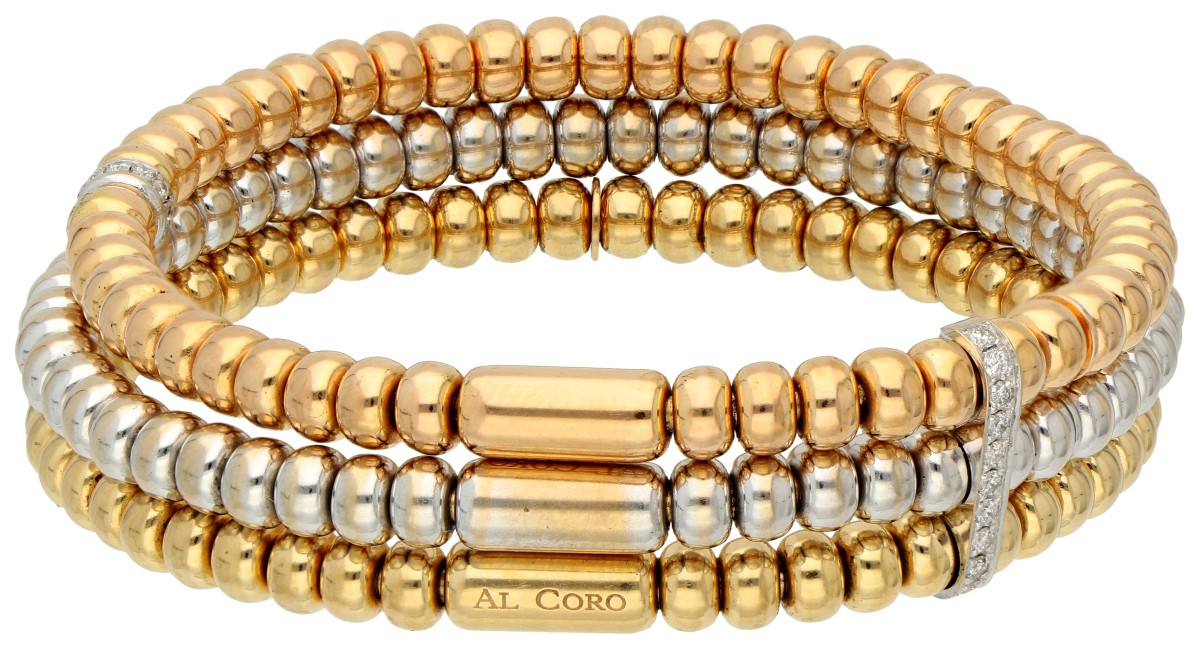 Al Coro 18K tricolour gouden driedelige 'Stretchy collection' set armbanden bezet met diamant.