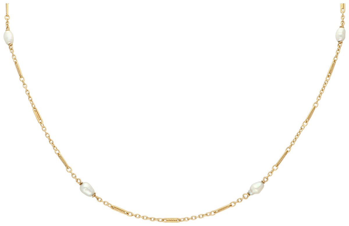No Reserve - 19.2K Geelgouden Portugees schakelcollier met barokke cultivé parels.