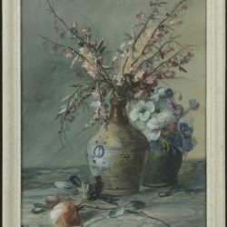 Hollandse School, 20e eeuw. Stilleven met kruik en roos op een tafel.