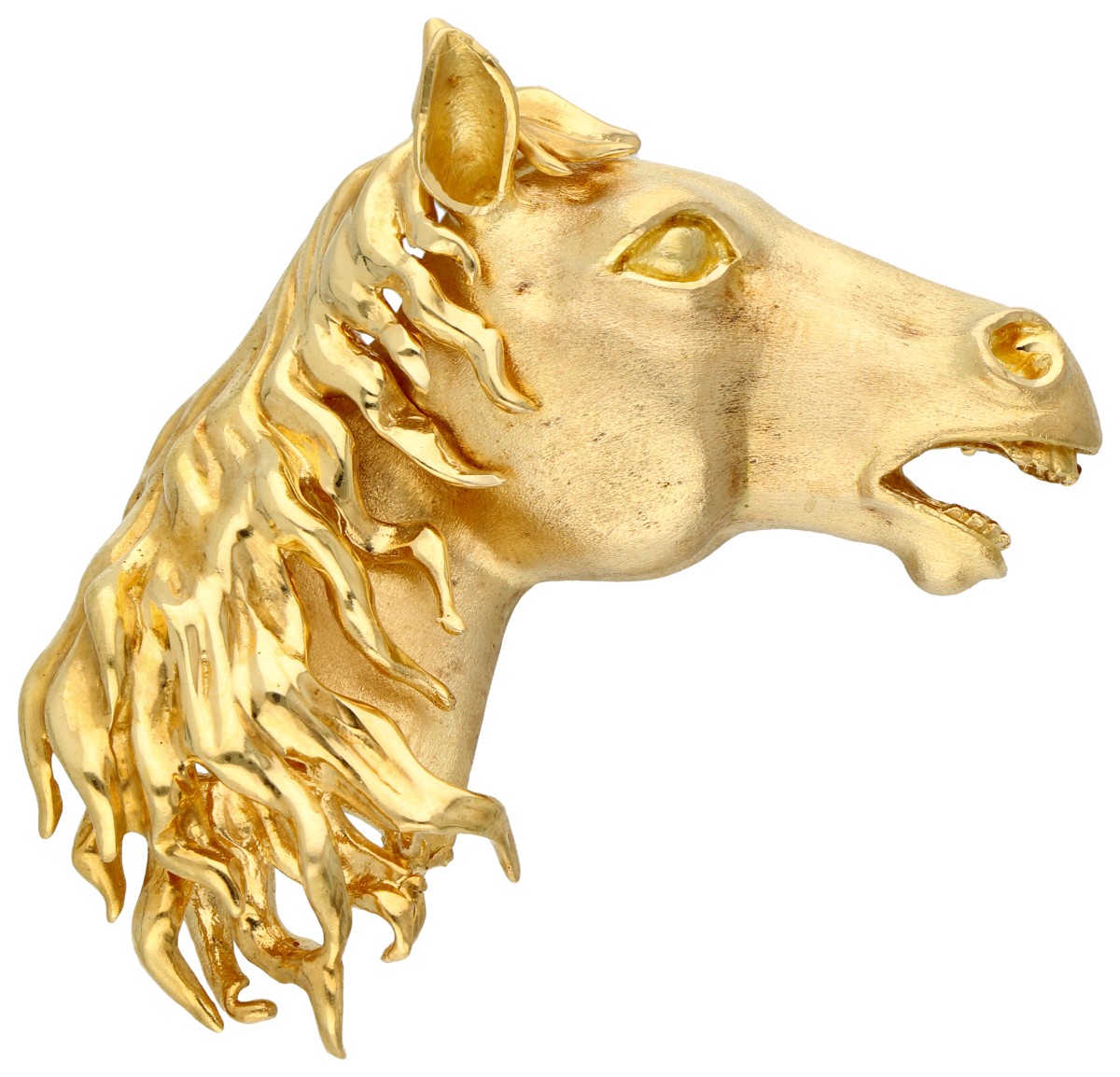 18K Geelgouden broche van paardenhoofd met lange manen.