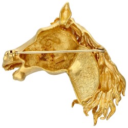 18K Geelgouden broche van paardenhoofd met lange manen.
