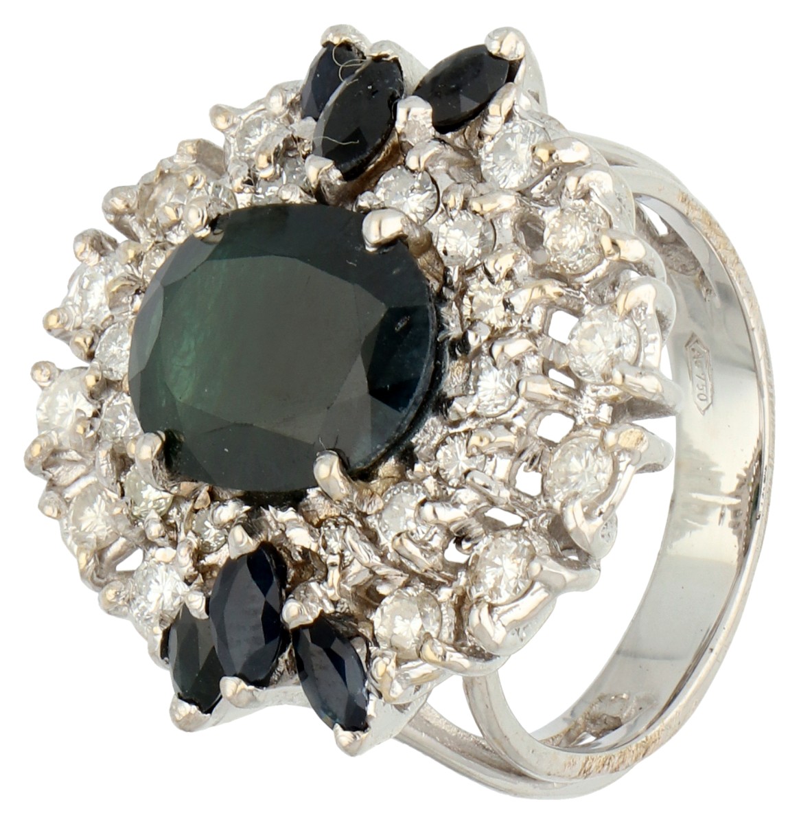 18K Witgouden ring bezet met ca. 0.88 ct. diamant en synthetische saffier.