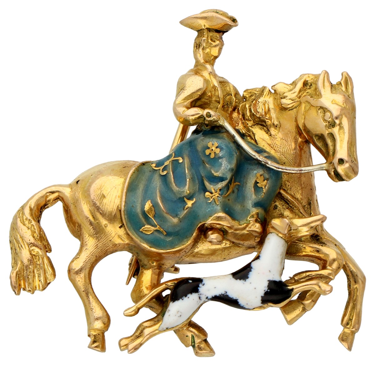 Jaren '30 18K geelgouden geëmailleerde broche van een amazone te paard met een jacht hond.