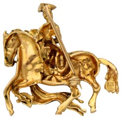Jaren '30 18K geelgouden geëmailleerde broche van een amazone te paard met een jacht hond.