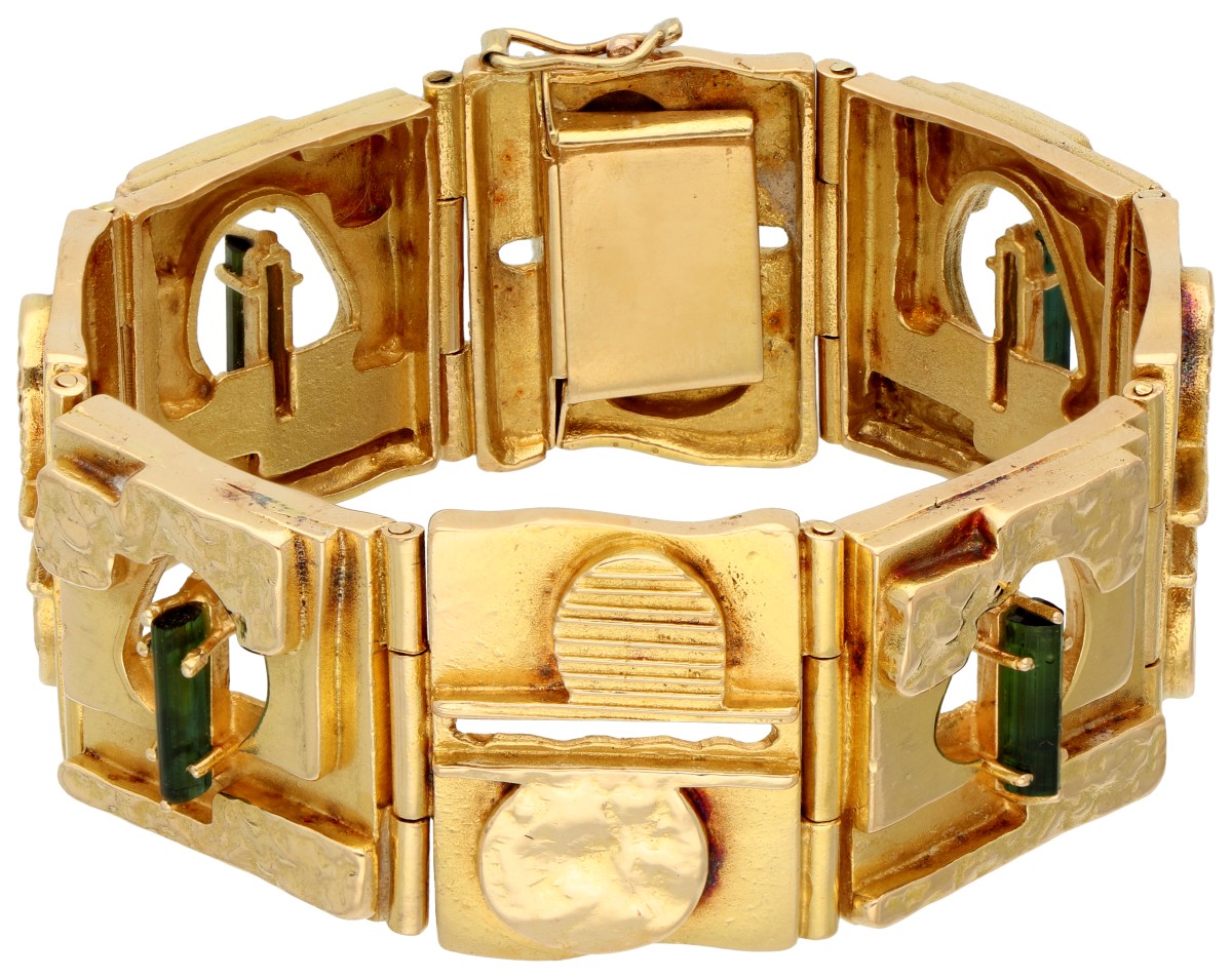 18K Geelgouden massieve vintage armband bezet met ruwe groene toermalijn.