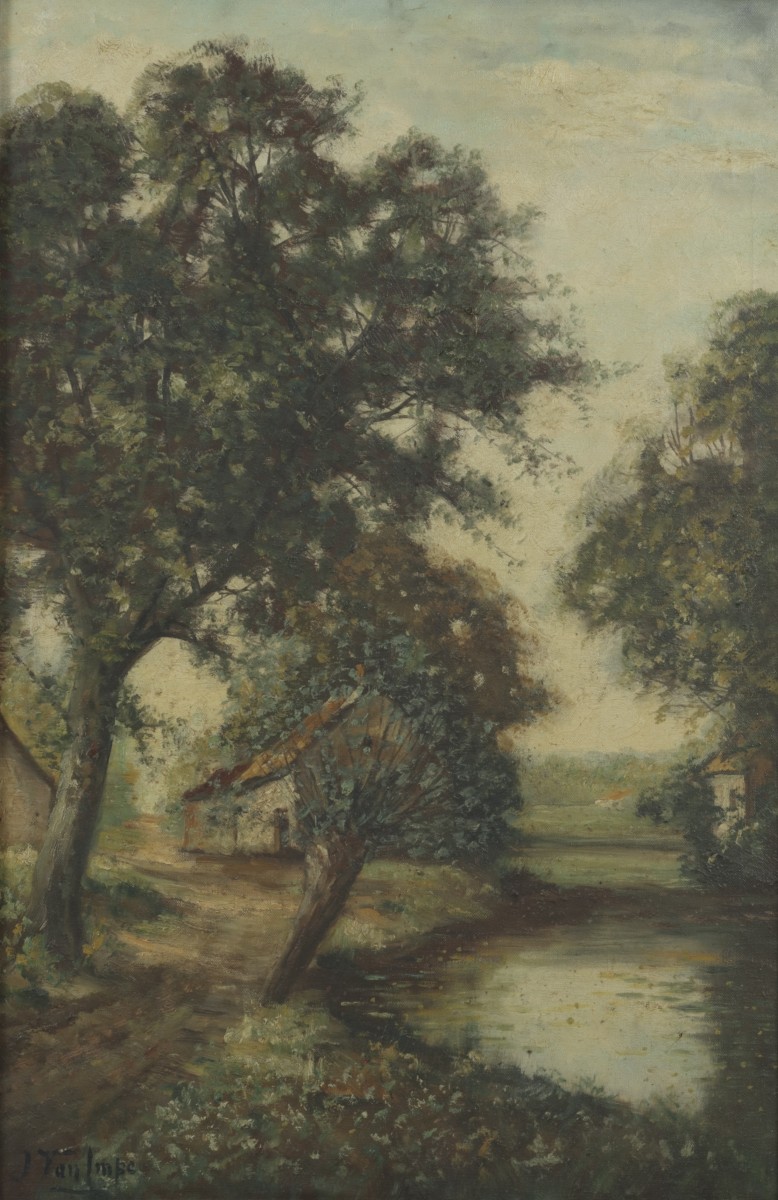 J. van Impe, 1e helft 20e eeuw. Een landschap met rivier en boerenhoeve.