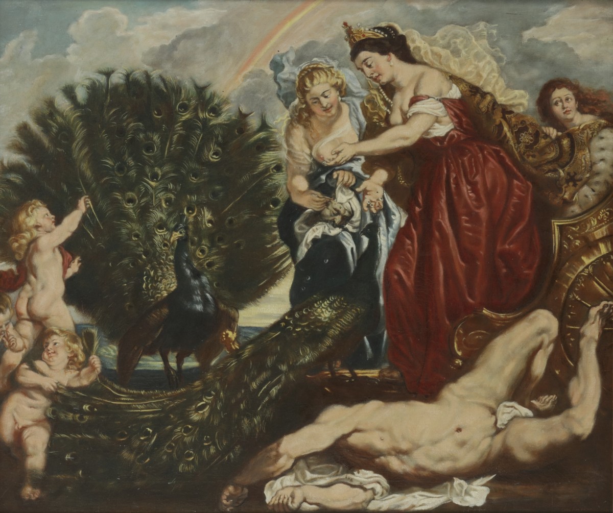 Naar Peter Paul Rubens (Siegen 1577 - 1640 Antwerpen), Juno en Argus, naar het origineel uit 1610, in het Wallraf-Richartz Museum, te Keulen, inv. no.: WRM 1040.