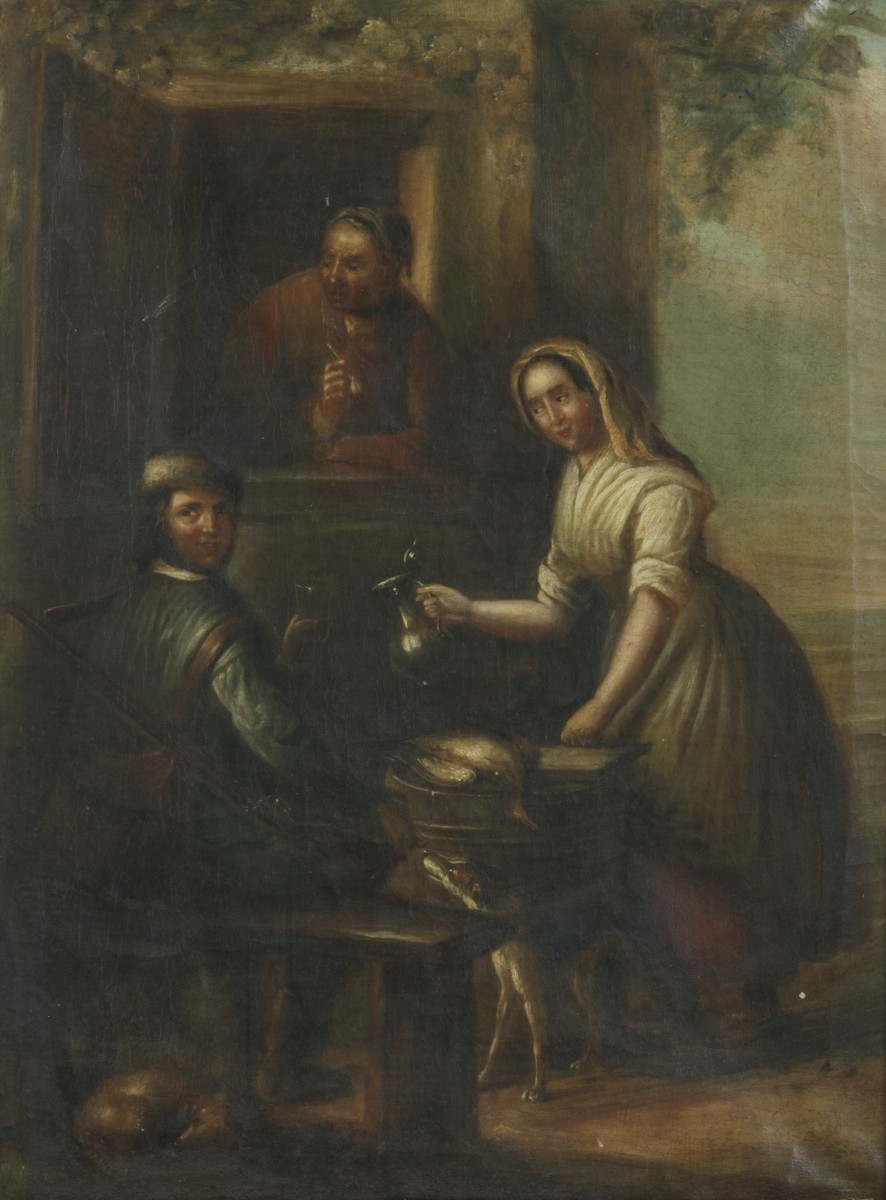 Hollandse School, ca. 1800, Een jager bij een herberg.