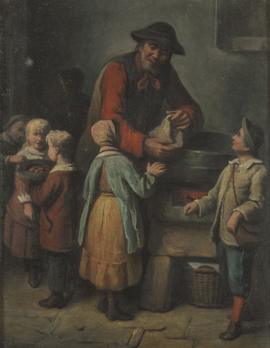 Belgische School, 19e eeuw. Bij de verkoper van zoetigheden.
