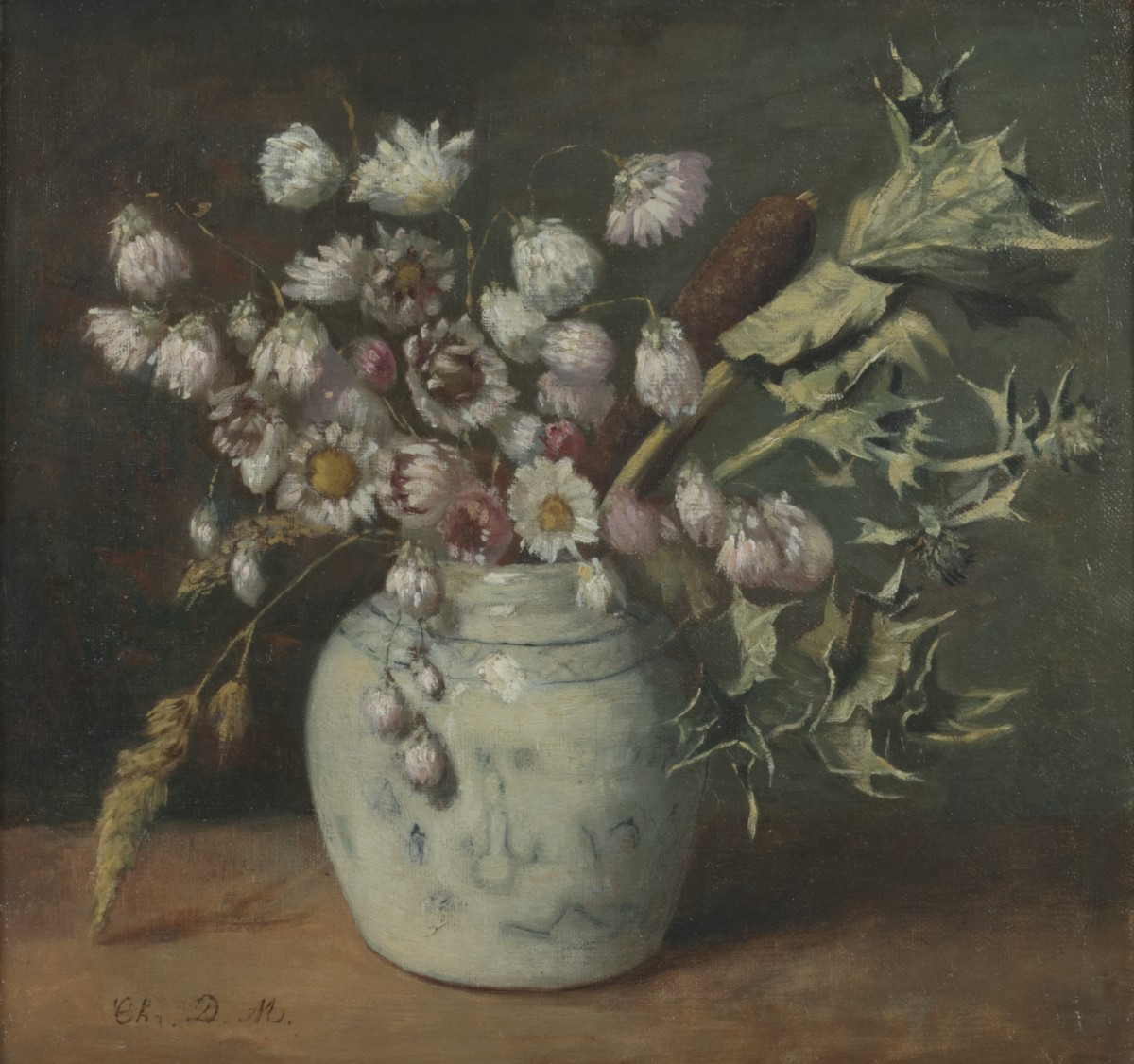 Christine Dorothea Meijer (Den Haag 1857 - 1932), Stilleven van bloemen in een Chinese pot.