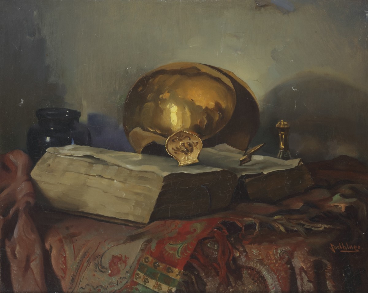 Hendrik Anne Constantijn "Hendrik" Snethlage (Heilo, NH 1878 - 1960 Den Haag), 'Moeke's oorijzer' -Stilleven met oorijzer en bijbel.