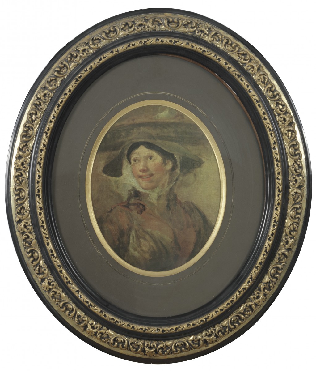Een ovalen portret, garnalenmeisje, reproductie naar William Hogarth, 20e eeuw.