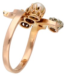 No reserve - Art Nouveau 14K geelgouden ring bezet met roos geslepen diamanten en cultivé parels.